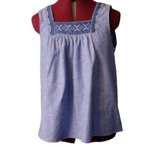 St John's Bay size PM blue sleeveless baby doll embroidered bodice blouse